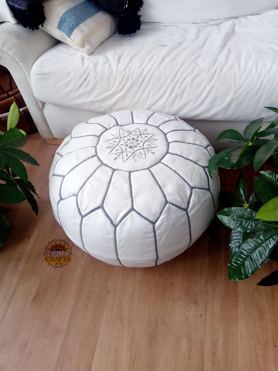 White Moroccan Pouf With Grey Stitching Leather Pouf Ottoman | Etsy Throughout White And Light Gray Cylinder Pouf Ottomans (View 6 of 20)