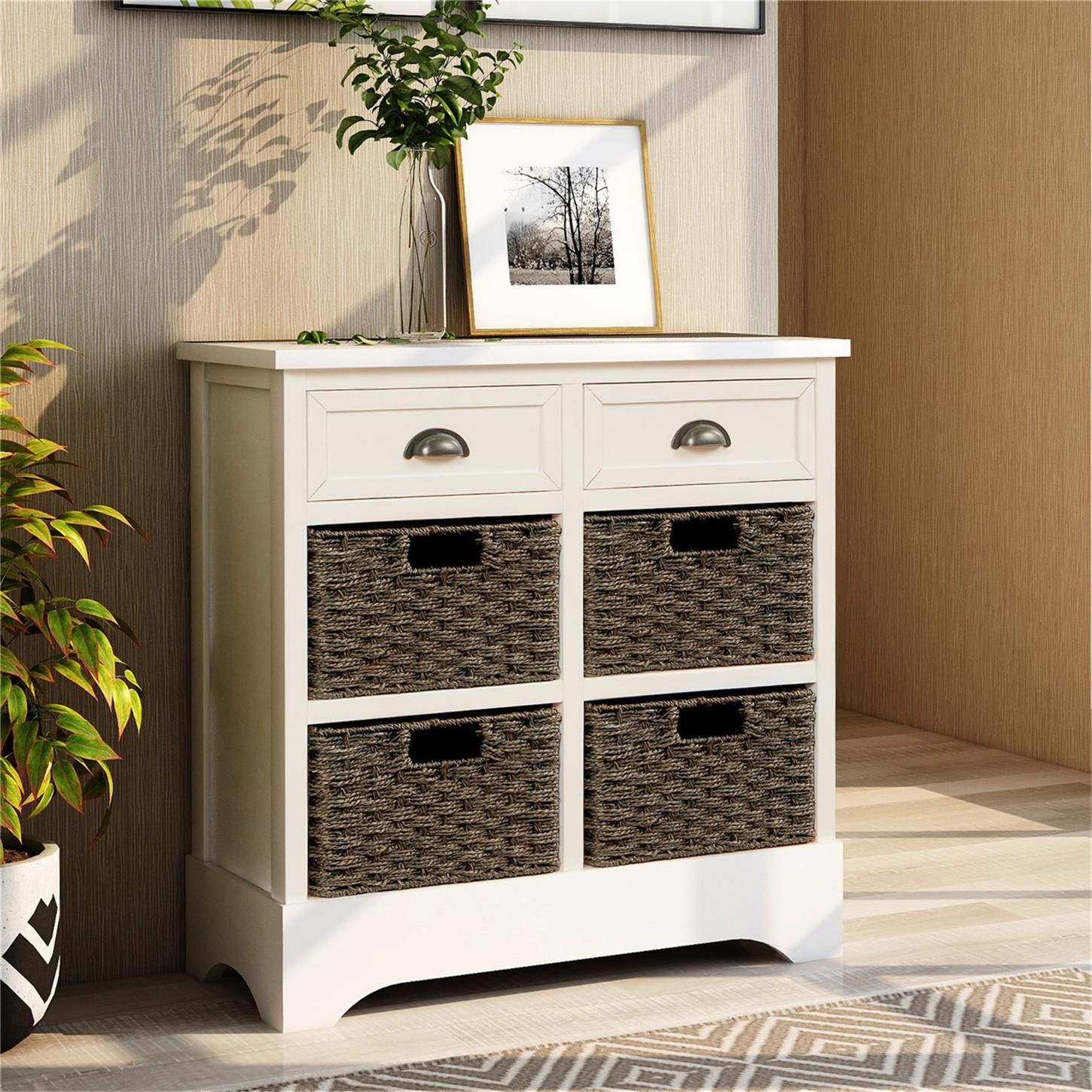 White Storage Chest With 2 Drawers And 4 Rattan Baskets, Wood Accent With Walnut Wood Storage Trunk Console Tables (View 9 of 20)