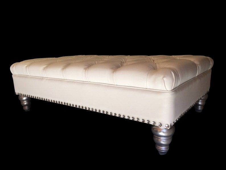 White Upholstered Ottoman Tufted Ottoman Bench Faux Leather | Etsy Pertaining To White Leatherette Ottomans (View 14 of 20)