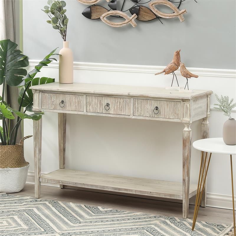 White Washed Wood Three Drawer Console Table – Whif1090 Intended For White Washed Wood Accent Stools (View 11 of 20)