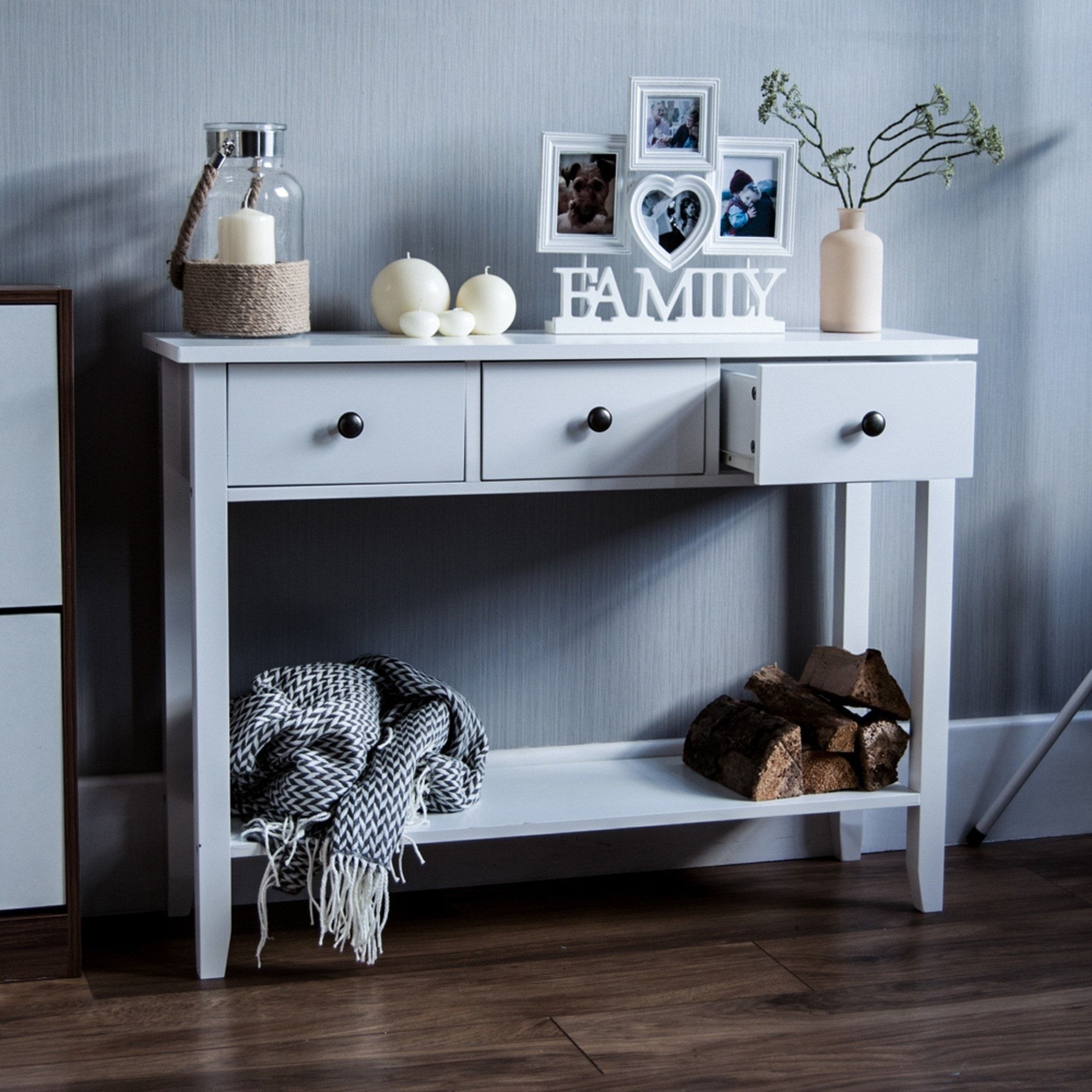 White Wood 3 Drawer Console Table | Wood Furniture Throughout Geometric White Console Tables (View 3 of 20)