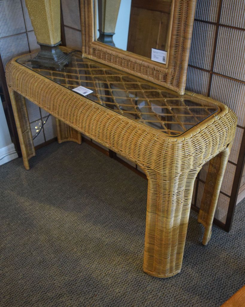 Wicker Glass Sofa Table As Is | New England Home Furniture Consignment Within Wicker Console Tables (View 11 of 20)