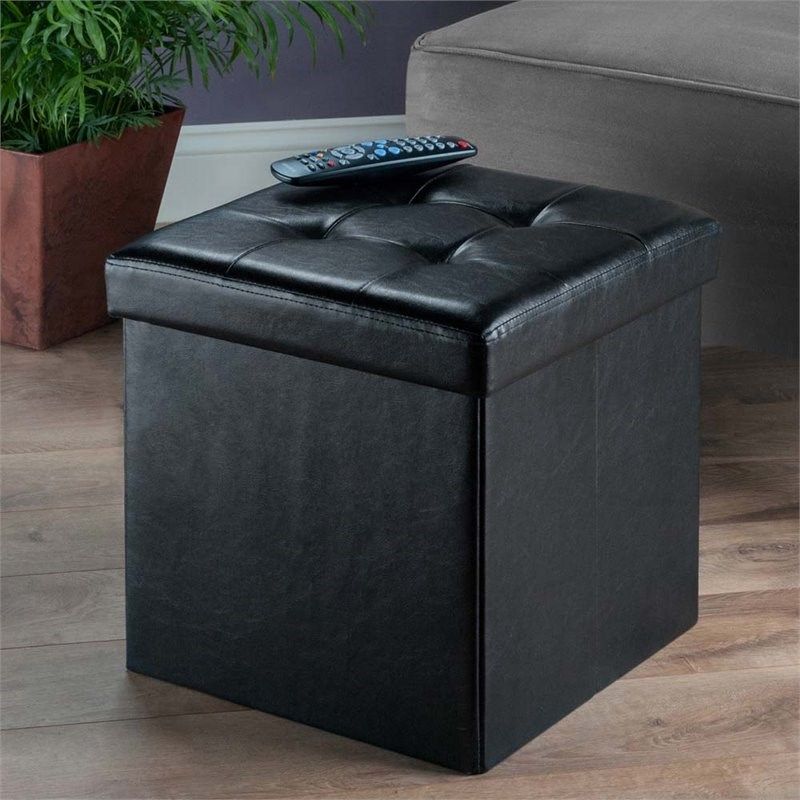 Winsome Ashford Faux Leather Storage Cube Ottoman In Black – 20415 Regarding Black Leather And Gray Canvas Pouf Ottomans (View 15 of 20)
