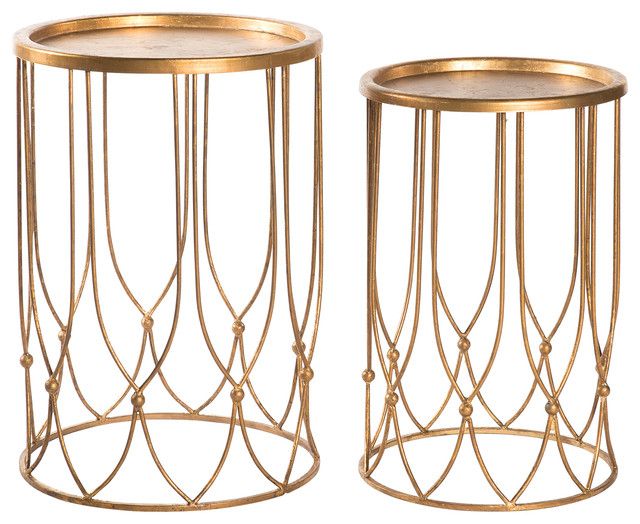 Wishbone Hollywood Regency Gold Accent Round Side Table  Set Of 2 Intended For Round Gold Metal Cage Nesting Ottomans Set Of  (View 8 of 20)