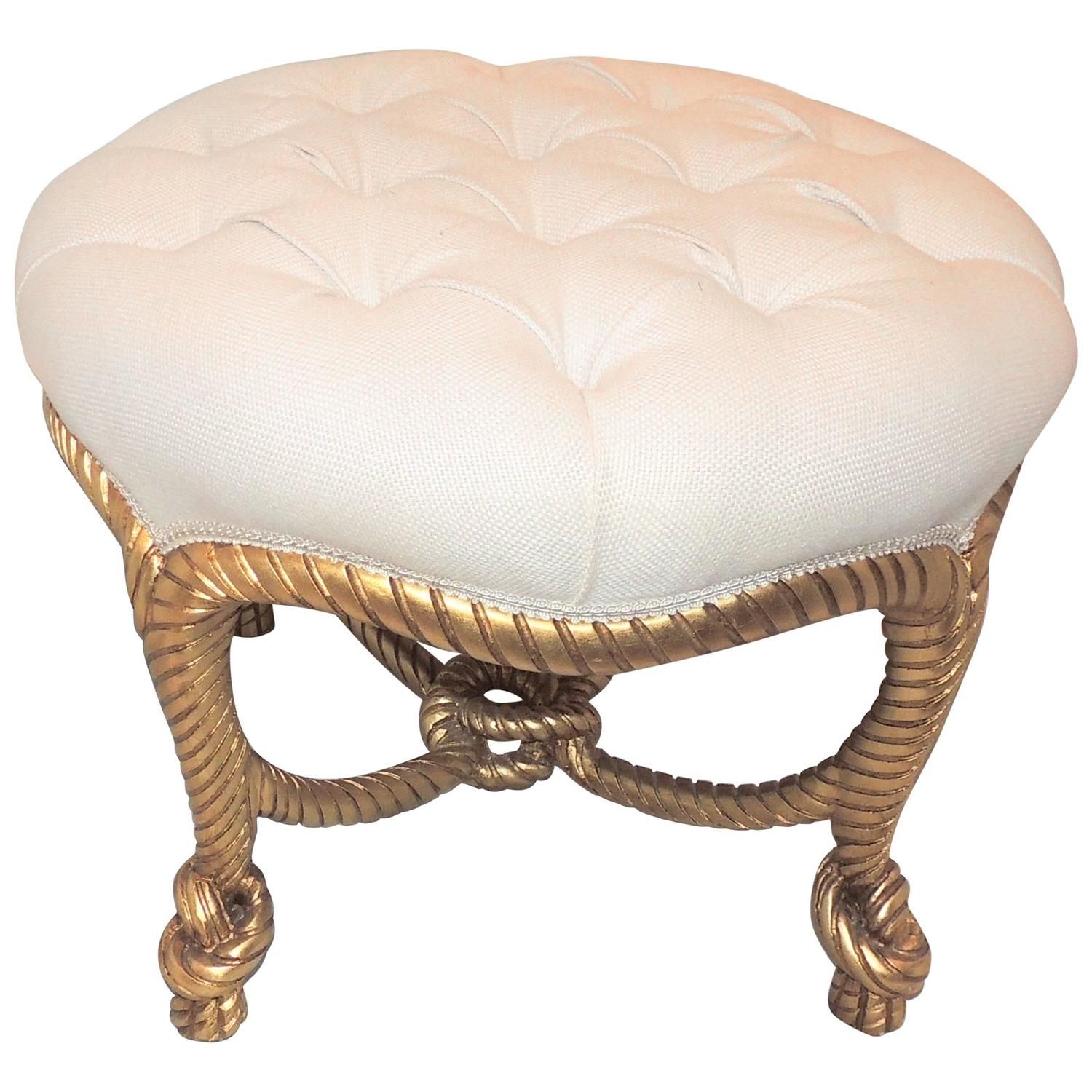Wonderful French Gilt Wood Rope Tassel Bow Tufted Ottoman Round Bench Pertaining To Round Cream Tasseled Ottomans (View 9 of 20)