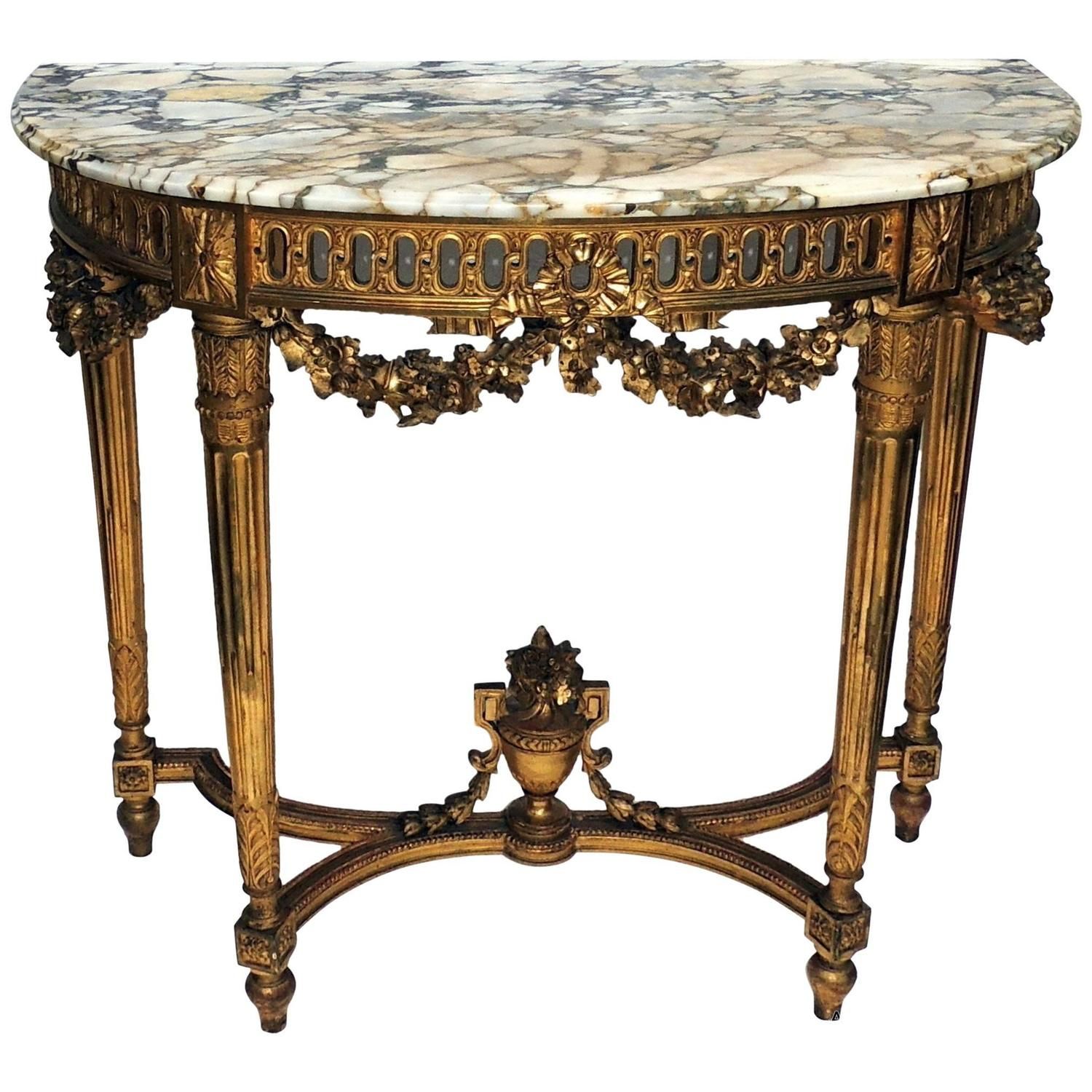 Wonderful French Marble Top Giltwood Carved Demilune Urn Swag Console For Marble Top Console Tables (View 12 of 20)