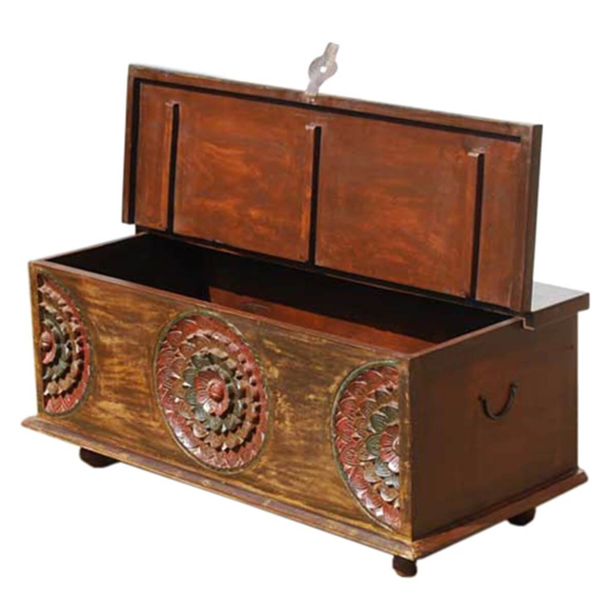 Wood Hand Carved Ethnic Storage Trunk Coffee Table Pertaining To Espresso Wood Trunk Console Tables (View 5 of 20)