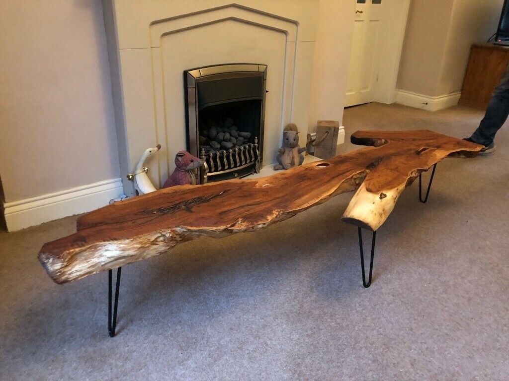 Wooden Coffee Table Yew Slab On Hairpin Legs | In Rowlands Gill, Tyne With Metal Legs And Oak Top Round Console Tables (View 15 of 20)