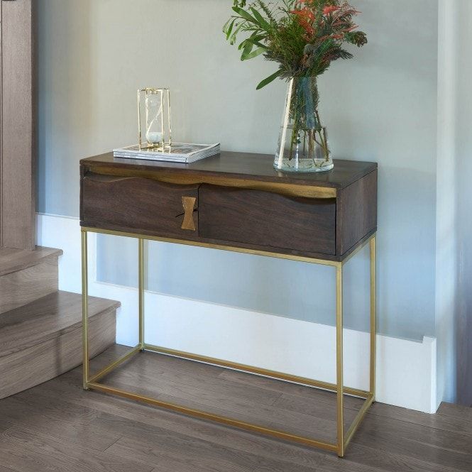 Wooden Console Table With Gold Finish | Dining | Console Tables Pertaining To Brown Wood And Steel Plate Console Tables (View 11 of 20)
