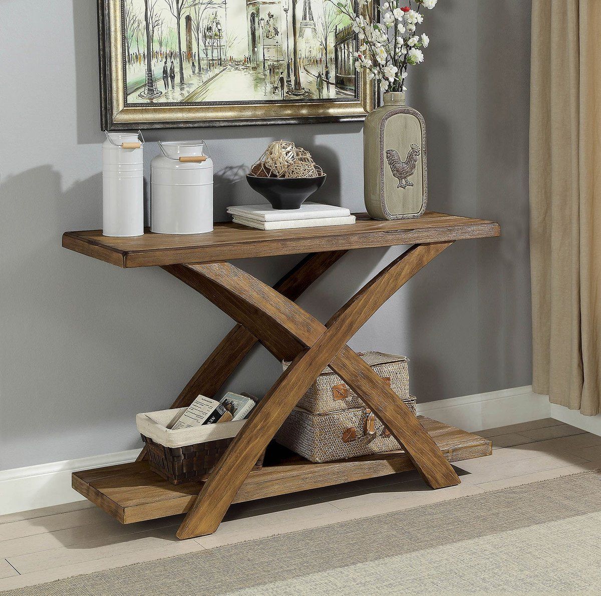 Wooden Sofa Table With Open Bottom Shelf And X Shaped Base, Antique In Vintage Gray Oak Console Tables (View 5 of 20)