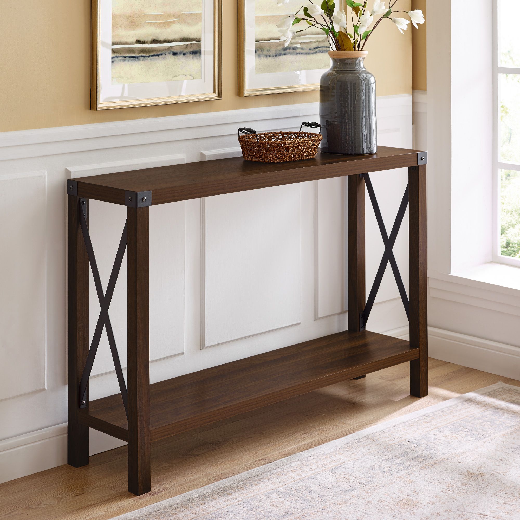 Woven Paths Magnolia Metal X Console Table, Dark Walnut – Walmart For Dark Walnut Console Tables (View 3 of 20)