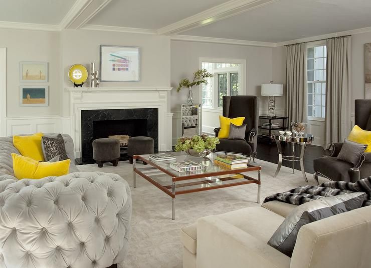 Yellow And Gray Living Room With Light Gray Velvet Tufted Curved Sofa For Yellow And Black Console Tables (View 12 of 20)