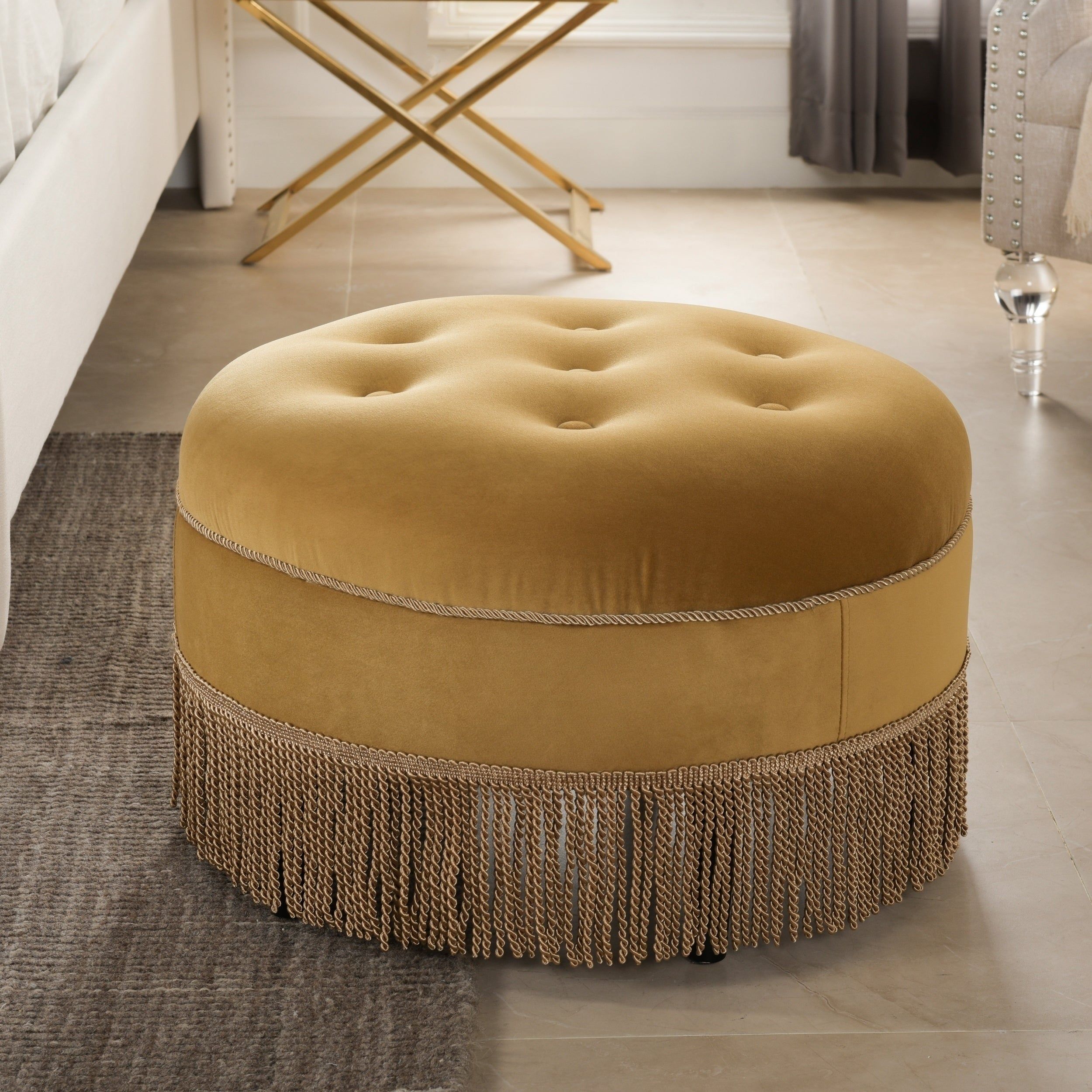 Yolanda Tufted Velvet Decorative Round Footstool Ottomansmall | Ebay With Brown Tufted Pouf Ottomans (View 9 of 20)
