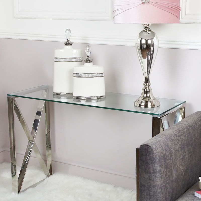Zenn Contemporary Stainless Steel Clear Glass Console Hall Table In Clear Console Tables (View 1 of 20)