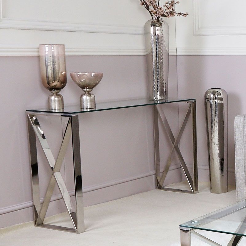 Zenn Contemporary Stainless Steel Clear Glass Console Hall Table Pertaining To Silver Stainless Steel Console Tables (View 13 of 20)