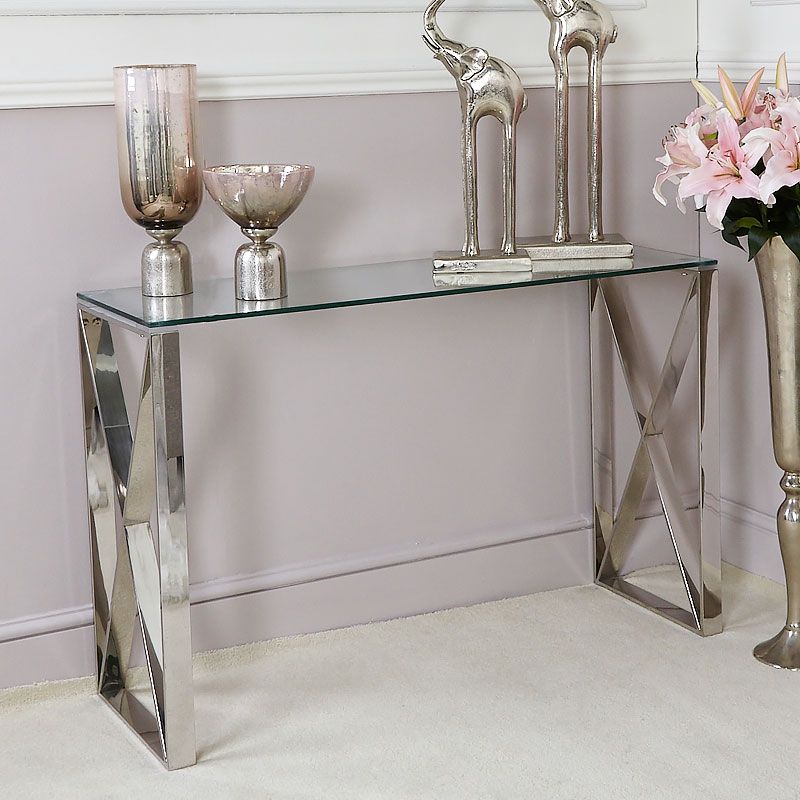 Zenn Contemporary Stainless Steel Clear Glass Console Hall Table Within Geometric Glass Modern Console Tables (View 3 of 20)