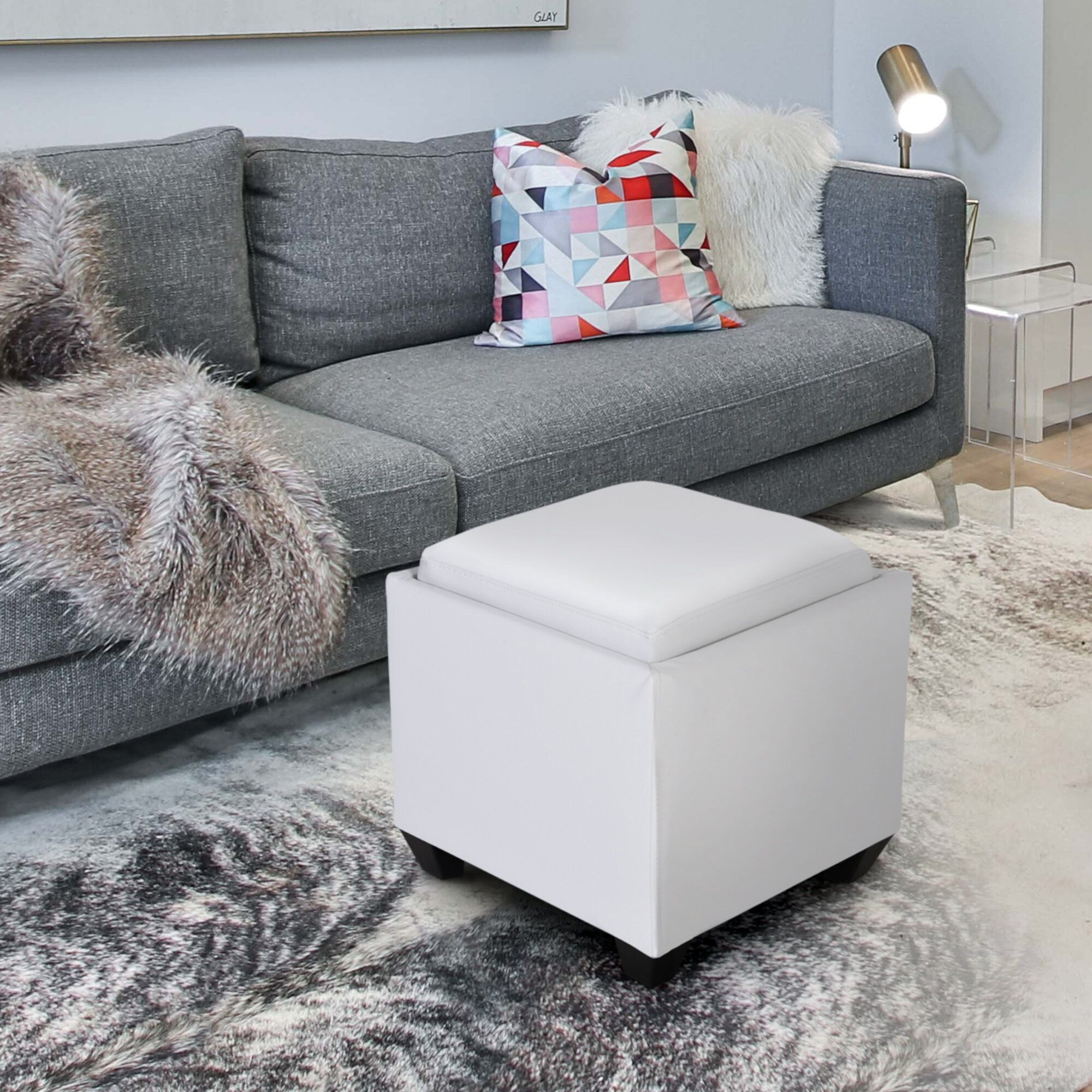 Zenvida Square Storage Ottoman With Tray, Small Cube Footstool | Ebay Within Silver Faux Leather Ottomans With Pull Tab (View 2 of 20)