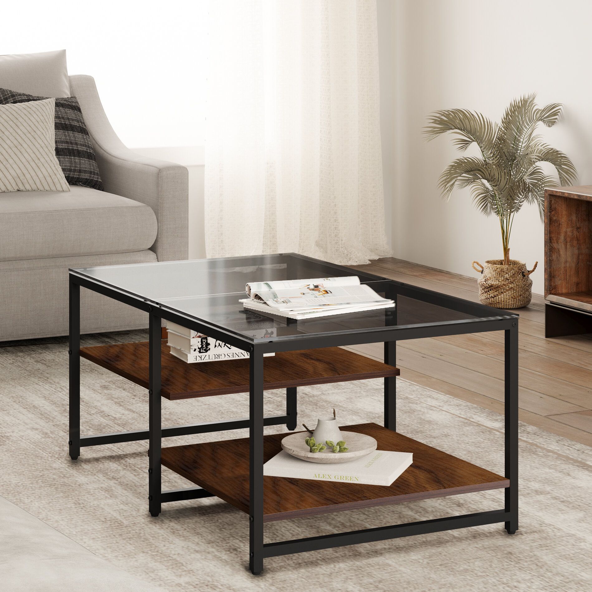 17 Stories Keian Morden Glass Coffee Table With Storage Shelf Shelves, 39.3  X 23.6 X  (View 11 of 20)