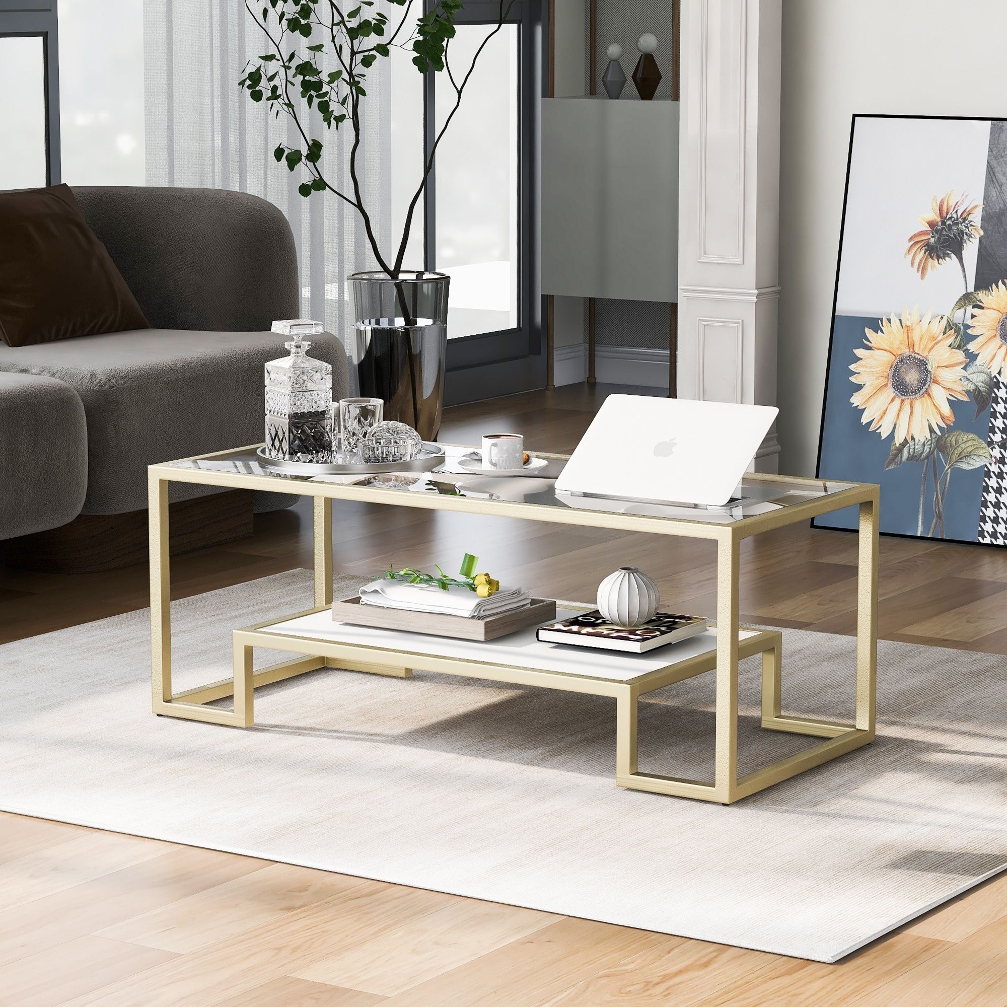 2 Tier Cocktail Tables Living Room Tempered Glass Coffee Table – Overstock  – 35464868 Regarding 2 Tier Metal Coffee Tables (View 1 of 20)