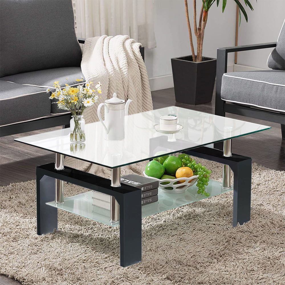 2 Tier Glass Coffee Table, Rectangle Open Shelf Coffee Accent Table, Living  Room Table With Glass Shelf, Large Storage Space Cocktail Table, Center  Table With Metal Legs For Home Office, B1264 – Walmart Throughout Glass Open Shelf Coffee Tables (View 3 of 20)