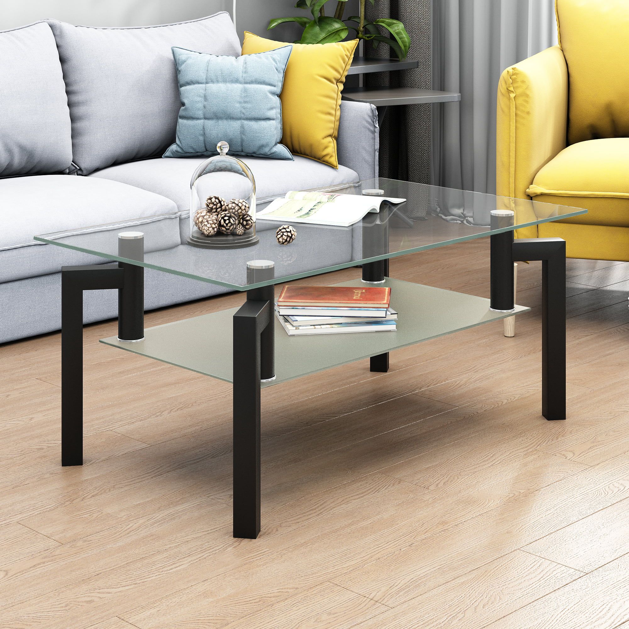 2 Tier Glass Coffee Table, Rectangle Open Shelf Coffee Accent Table, Living  Room Table With Glass Shelf, Large Storage Space Cocktail Table, Center  Table With Wooden Legs For Home Office, B1258 – Walmart For Glass Open Shelf Coffee Tables (View 10 of 20)