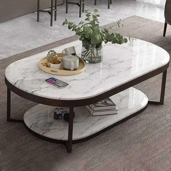 2 Tiered Modern Marble Coffee Table Black & White With Shelf Metal  Frame Homary Intended For 2 Tier Metal Coffee Tables (View 2 of 20)