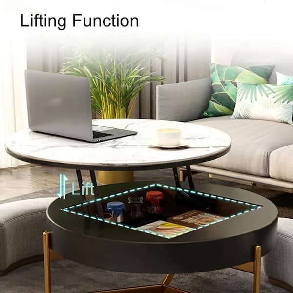 31 In. Black Modern Lifting Top Round Sintered Stone Top Accent Coffee Table  With Storage And 3 Ottomans Z W1032s00029 – The Home Depot Regarding Black Accent Coffee Tables (Gallery 19 of 20)