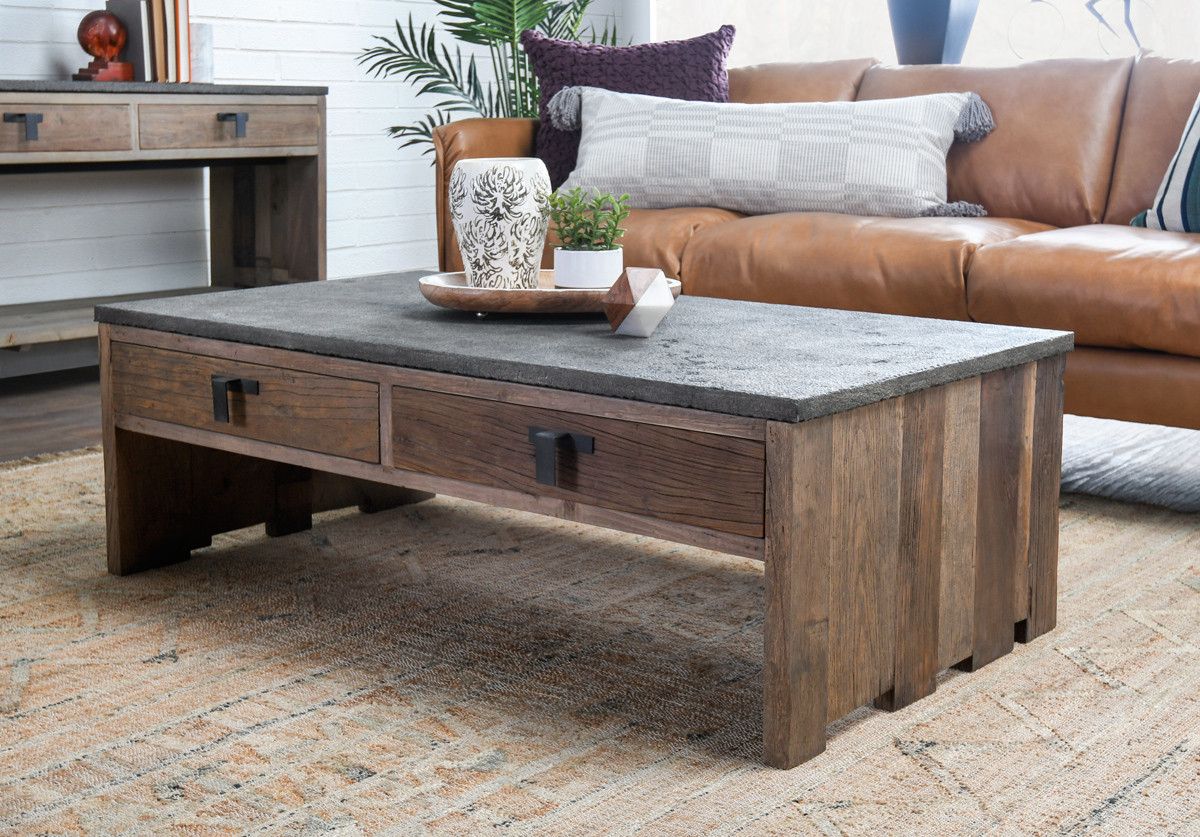 50" Rustic Coffee Table With Stone Top – Terra Nova Designs Inside Stone Top Coffee Tables (View 8 of 20)