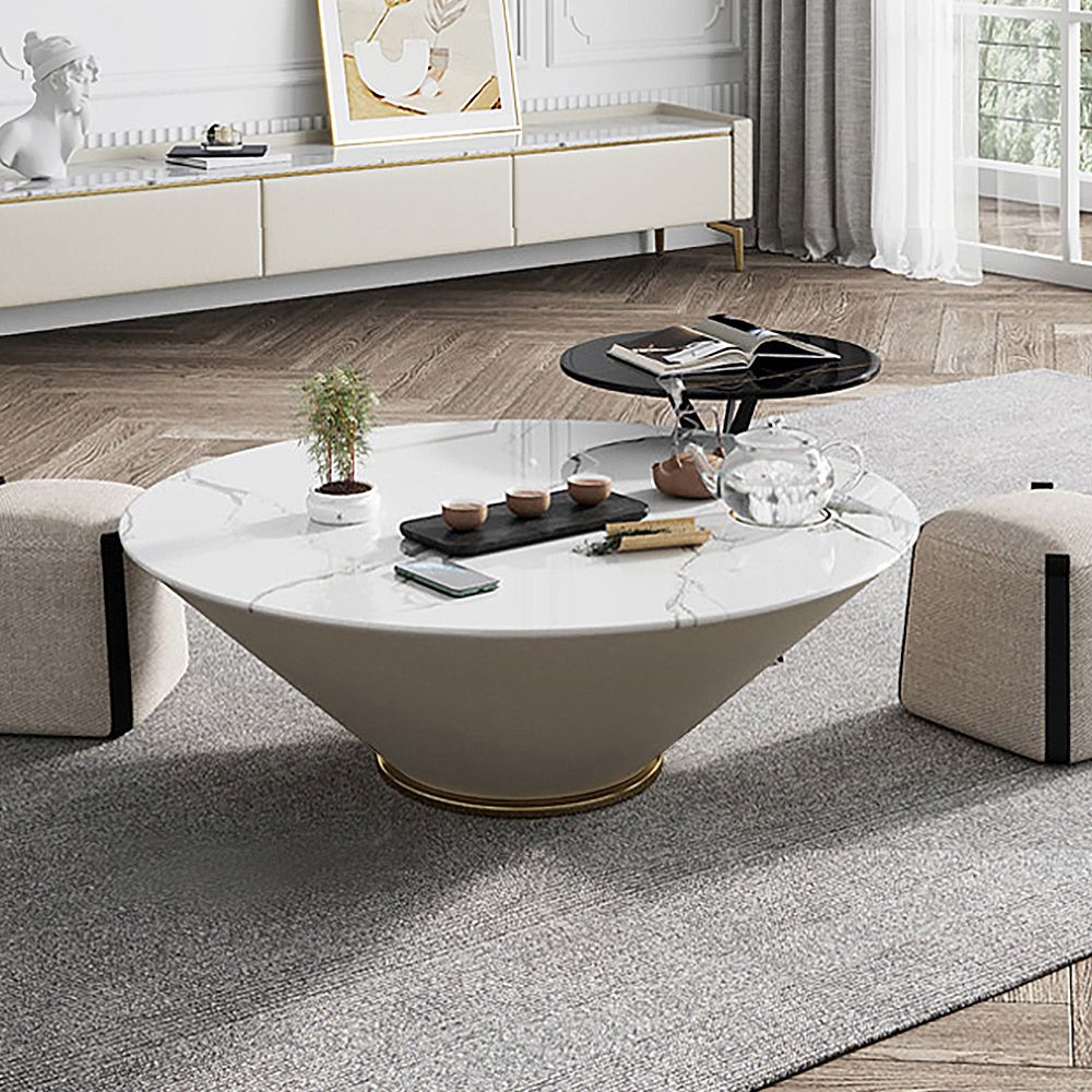 800mm Modern Off White Round Coffee Table With Marble Top & Leather  Upholstery Homary Within Off White Wood Coffee Tables (View 11 of 20)