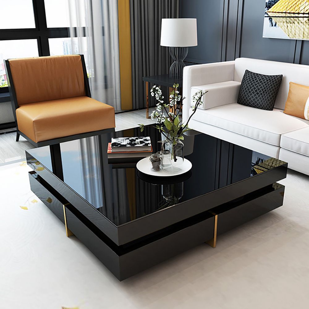 Black Modern Square Coffee Table With Drawers Tempered Glass Top & Metal  Legs In 2022 | Coffee Table Square, Modern Square Coffee Table, Coffee  Table With Drawers Pertaining To Black Square Coffee Tables (View 6 of 20)
