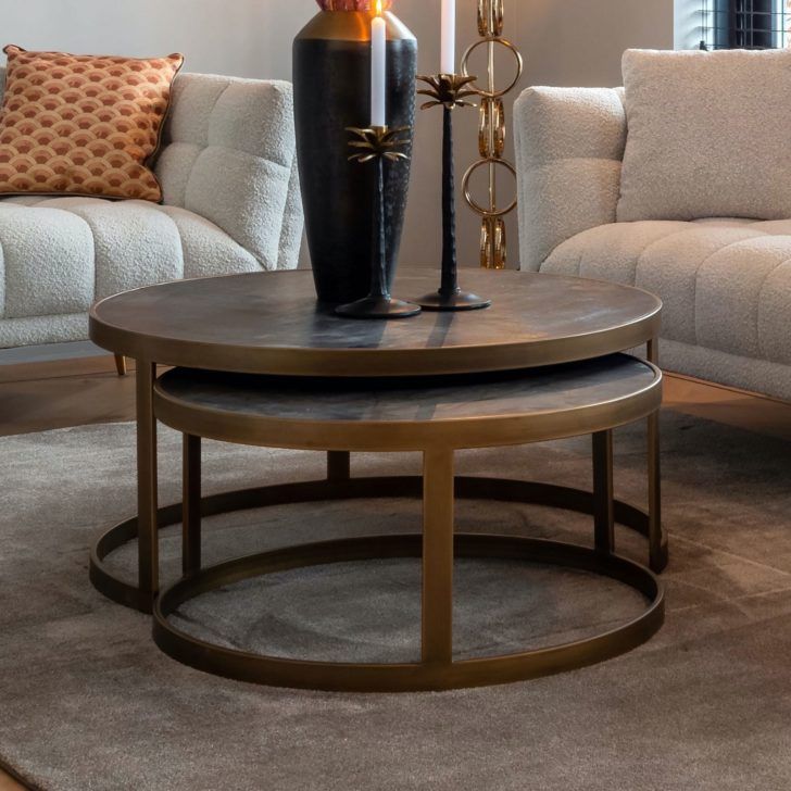 Black Oak And Brushed Gold Finish Coffee Table Nest – Juliettes Interiors Pertaining To Satin Gold Coffee Tables (View 11 of 20)