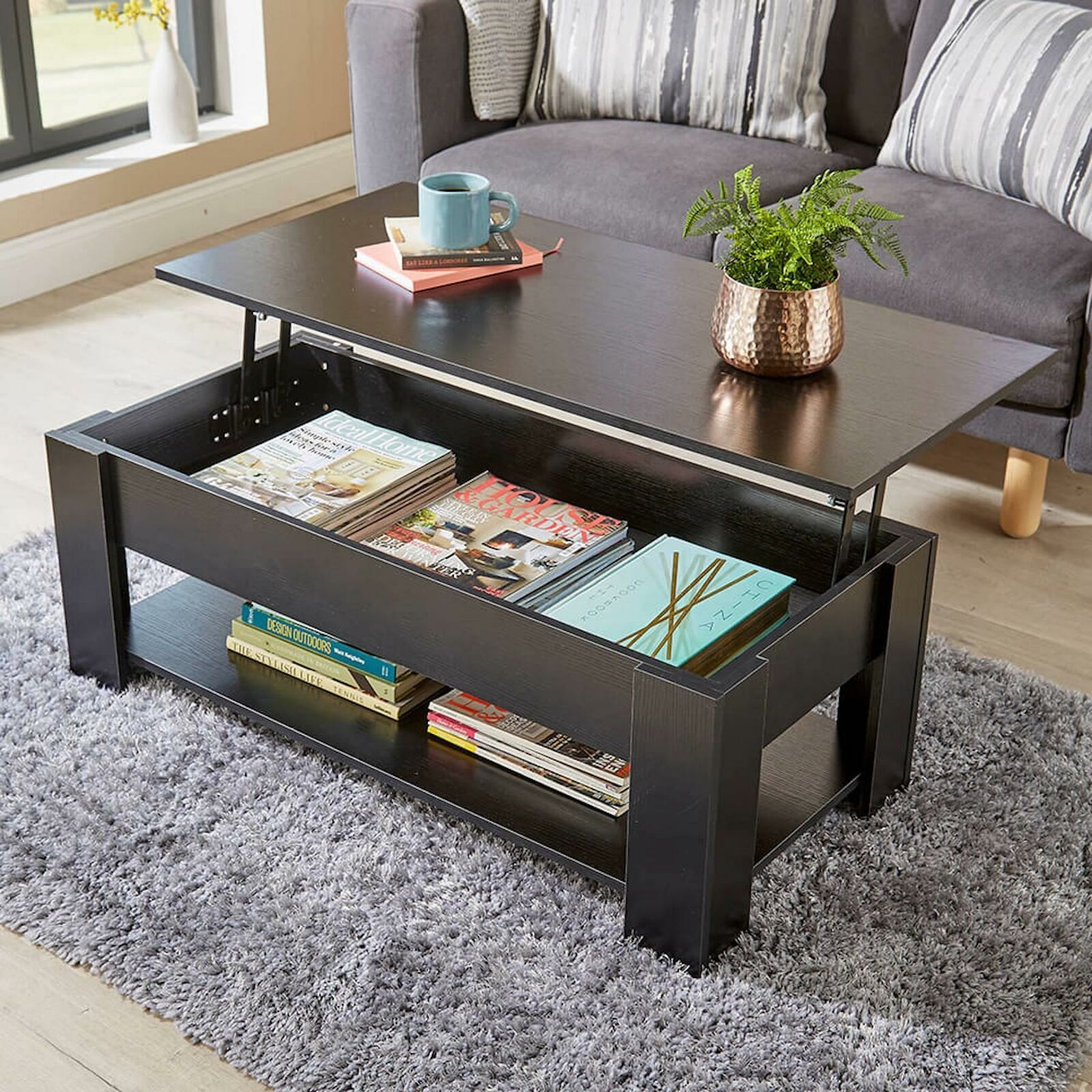 Black Wooden Coffee Table With Lift Up Top Storage Area And Magazine Shelf  5056065438000 | Ebay For Coffee Tables With Storage (View 18 of 20)