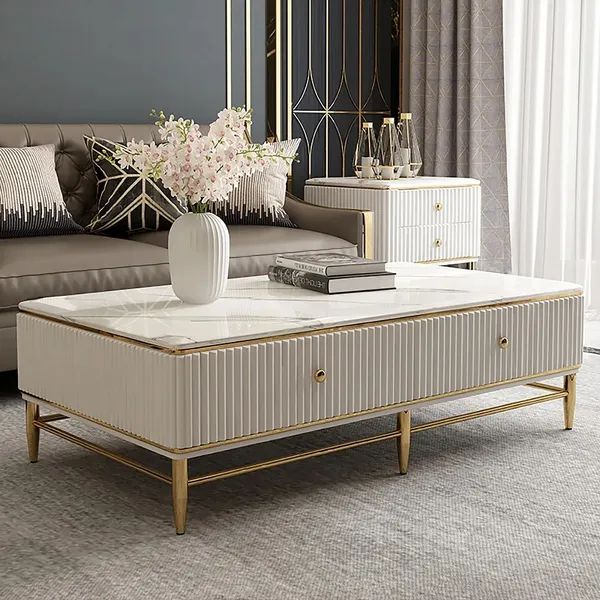 Bline 51" White Faux Marble Rectangle Coffee Table In Gold With Storage 4  Drawers Homary Intended For Faux Marble Gold Coffee Tables (View 6 of 20)