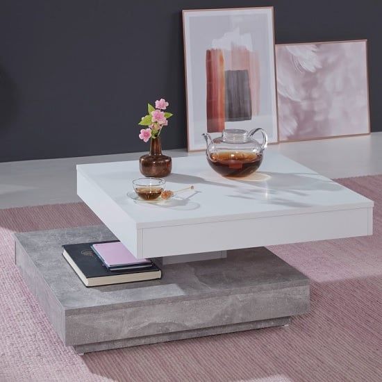 Brunch Rotating Coffee Table Square In White And Cement Grey | Furniture In  Fashion Within Rotating Wood Coffee Tables (Gallery 19 of 20)