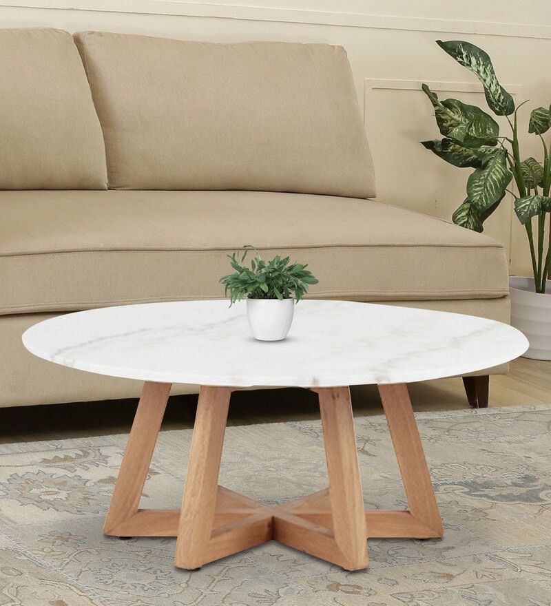Buy Hormi Coffee Table In White Stone Top & Natural Finishexpressionist Mohanbir Online – Round Coffee Tables – Tables – Furniture – Pepperfry  Product Regarding Stone Top Coffee Tables (View 20 of 20)