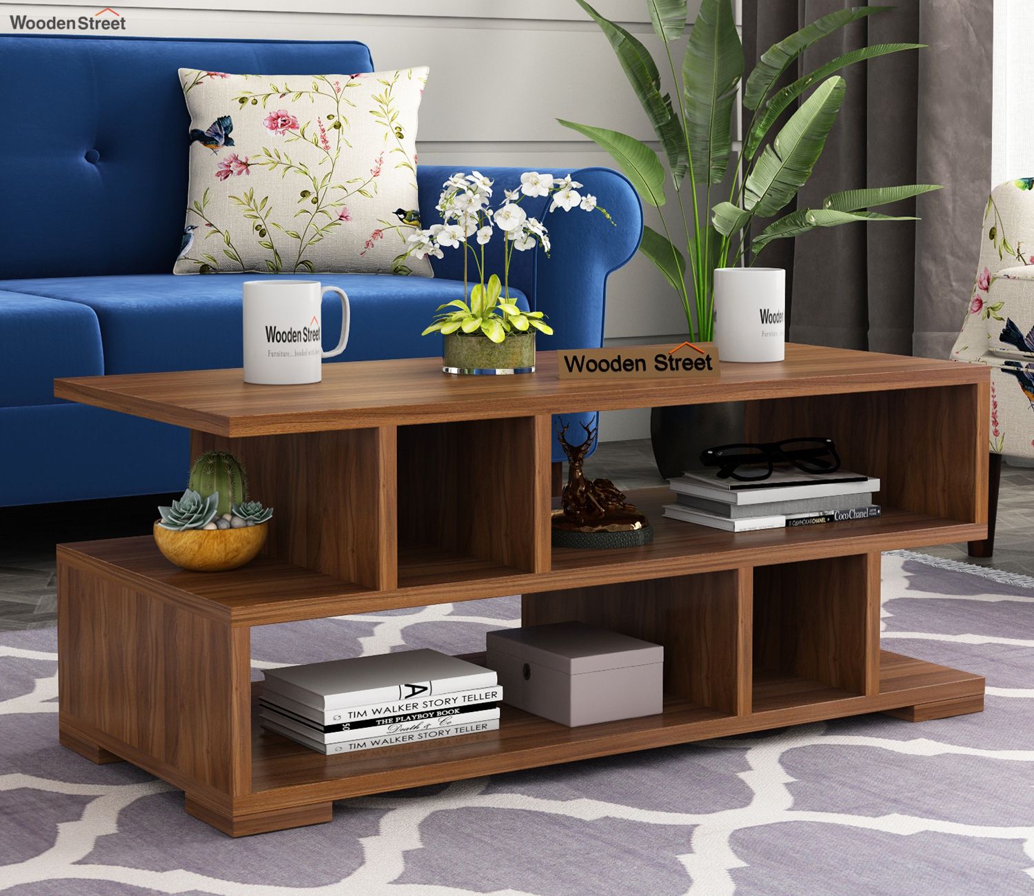 Buy Novak Z Shaped Engineered Wood Coffee Table With Open Shelves (exotic  Teak Finish) Online In India – Wooden Street Throughout Open Shelf Coffee Tables (View 10 of 20)