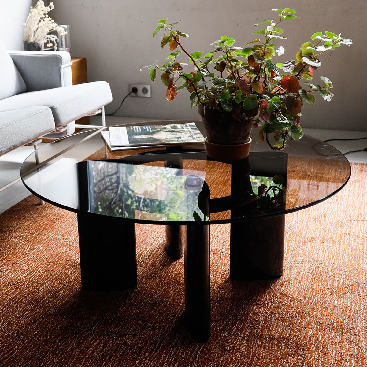 Carlotta Round Coffee Table, Smoked Glass Top And Burgundy Legs Within Glass Top Coffee Tables (View 8 of 20)