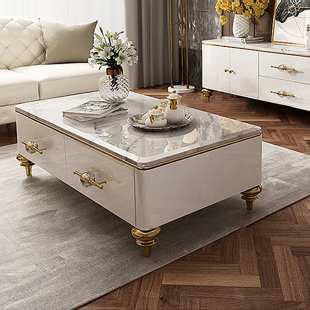 Chift 1300mm Modern Marble White Coffee Table & Storage Drawers Gold  Stainless Steel Leg Homary With Regard To White Storage Coffee Tables (View 10 of 20)