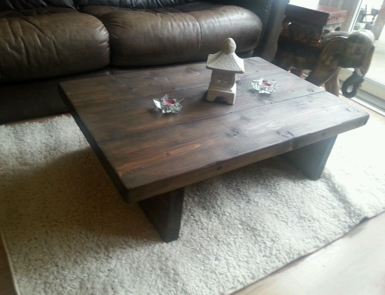 Chunky Rustic Reclaimed Style Coffee Table Handmade Solid Wood Dark Oak  Stain | Ebay Within Rustic Oak And Black Coffee Tables (View 12 of 20)