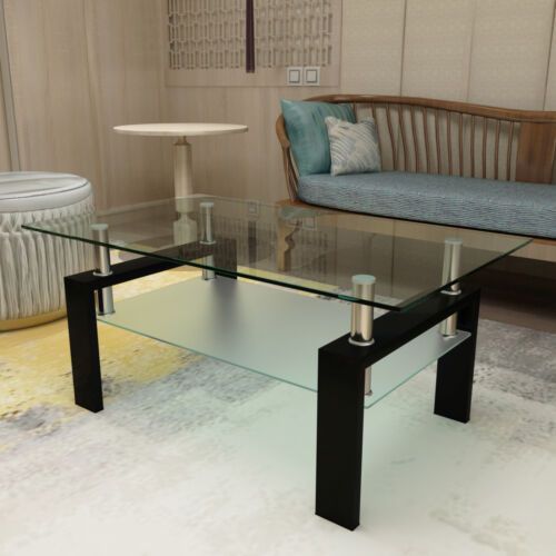 Clear Glass Coffee Table Side Table Frosted Shelf Home Living Room Furniture  Usa | Ebay Pertaining To Glass Coffee Tables With Storage Shelf (View 12 of 20)