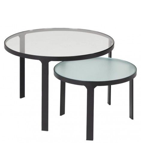 Clegar Set Of 2 Coffee Tables With Transparent And Silk Screened Glass Top  And Black Metal Structure With Regard To Glass Topped Coffee Tables (View 1 of 20)