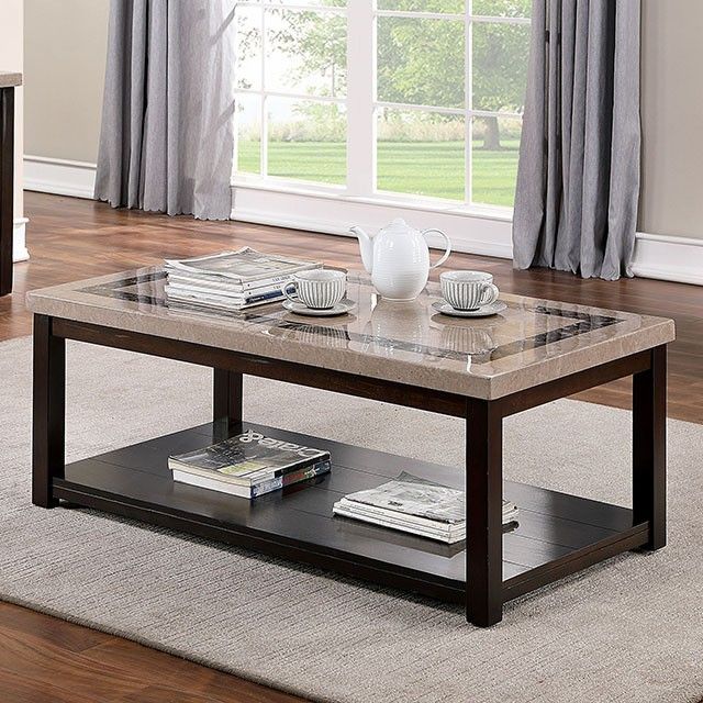 Cm4187c Rosetta Dark Walnut Finish Wood Faux Marble Top Coffee Table With  Lower Shelf Within Faux Marble Top Coffee Tables (View 2 of 20)