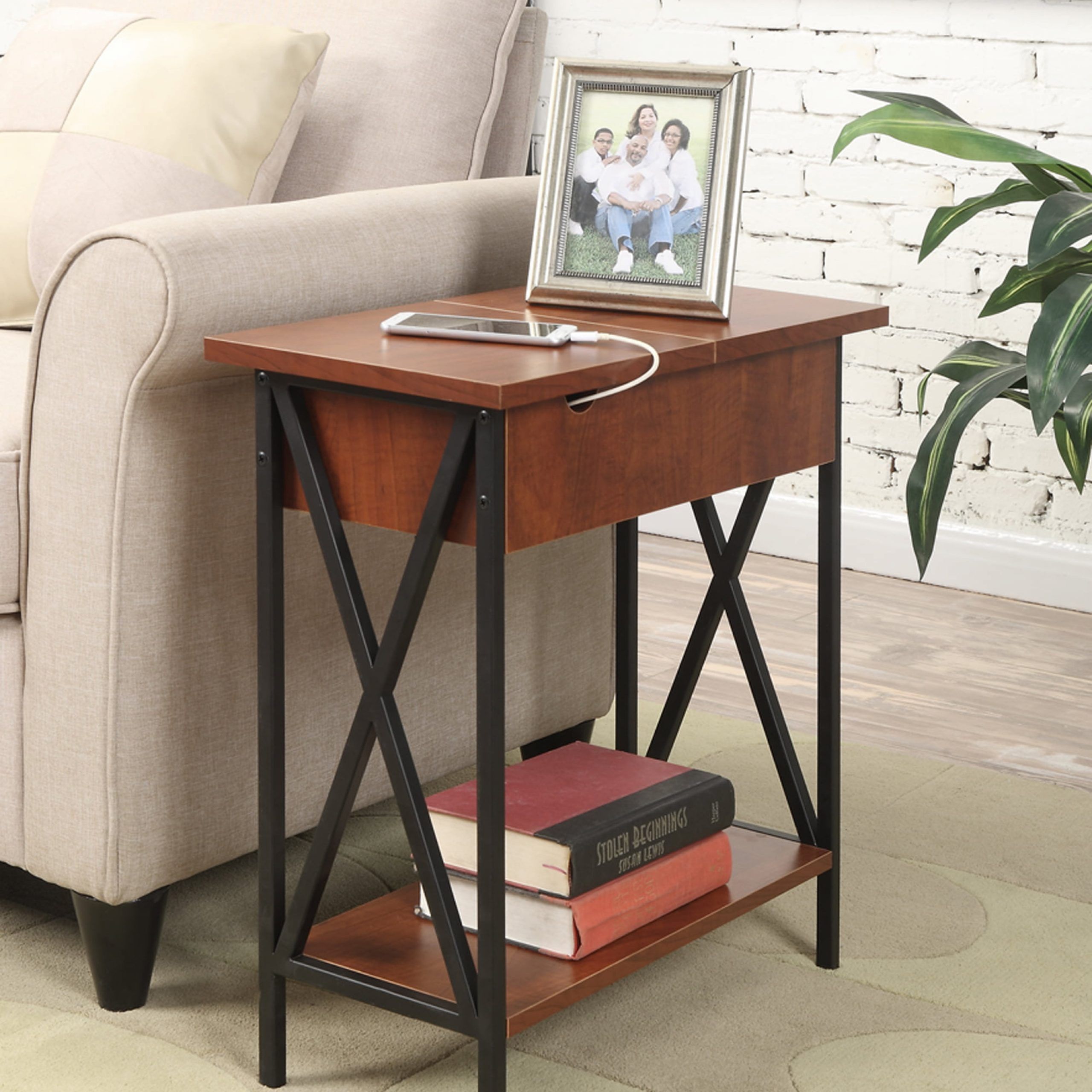 Convenience Concepts Tucson Flip Top End Table With Charging Station And  Shelf, Cherry/black – Walmart For Coffee Tables With Charging Station (View 13 of 20)