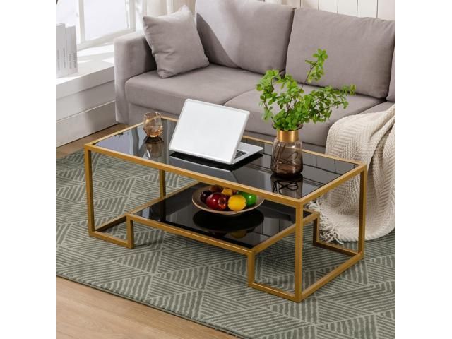 Cosvalve Tempered Glass Coffee Table Gold Accent Side Table With Storage  Shelf Living Room Home Furniture – Newegg Inside Glass Coffee Tables With Storage Shelf (View 14 of 20)