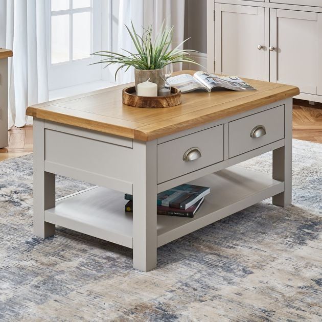 Cotswold Grey Painted 2 Drawer Coffee Table | The Furniture Market Regarding 2 Drawer Coffee Tables (View 5 of 20)