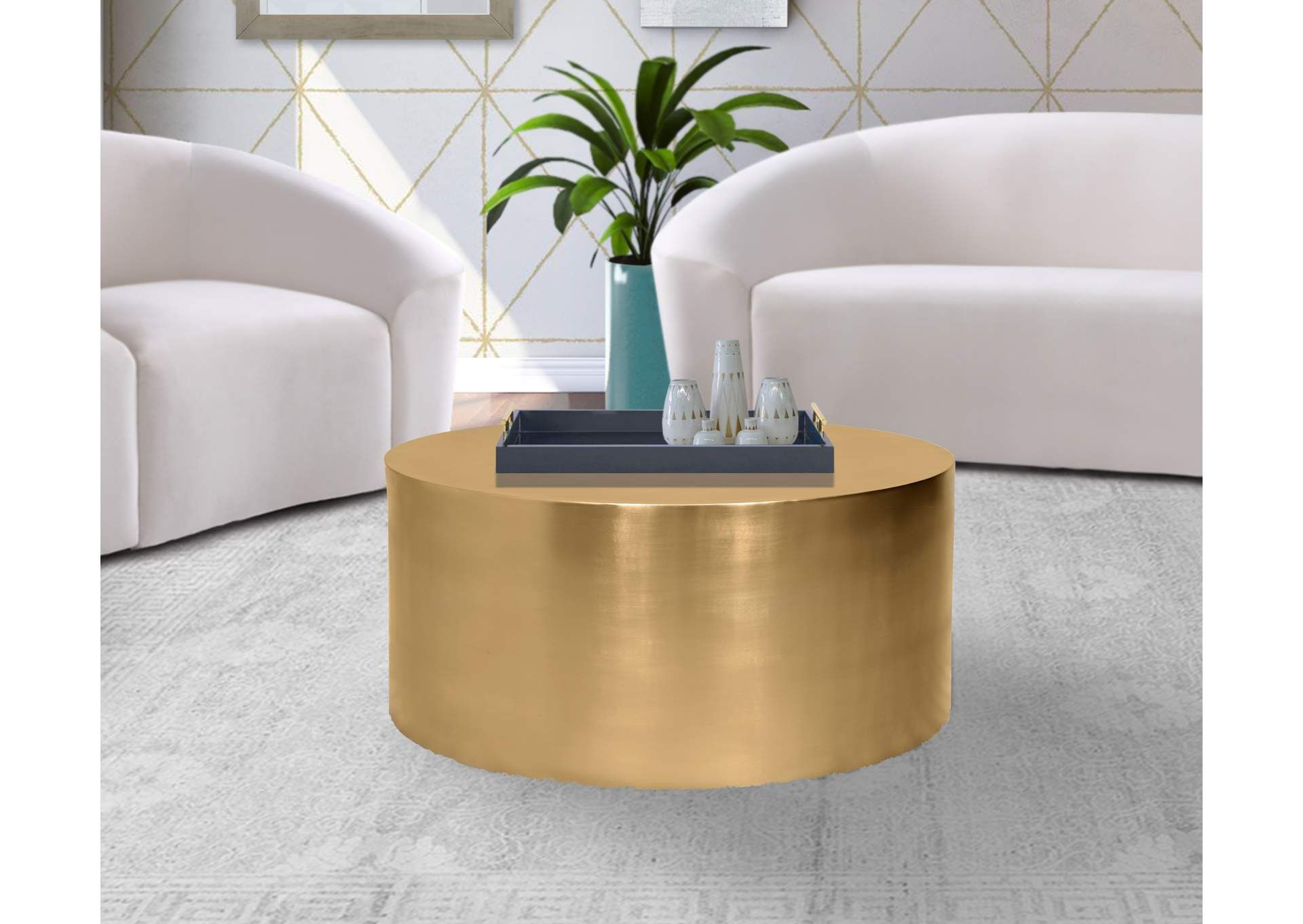 Cylinder Brushed Gold Coffee Table Harlem Furniture Throughout Satin Gold Coffee Tables (View 14 of 20)