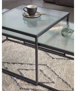 Dora Set Of 2 Coffee Tables In Real Frosted And Black Metal Industrial  Design Regarding Glass Topped Coffee Tables (View 5 of 20)