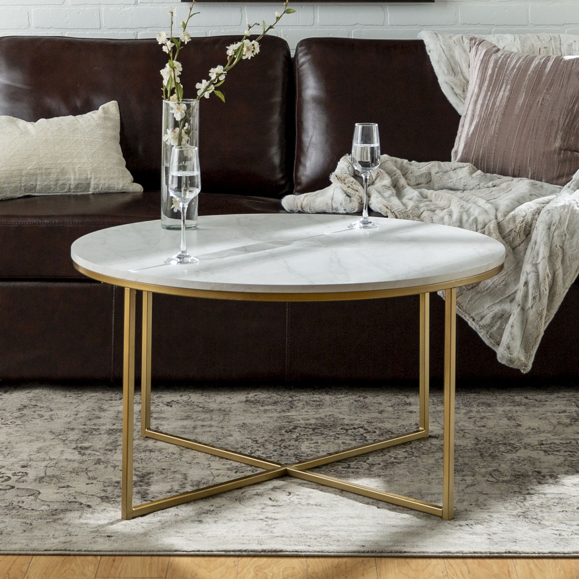 Ember Interiors Modern Round Coffee Table, Faux White Marble/gold –  Walmart Intended For Faux Marble Gold Coffee Tables (View 3 of 20)