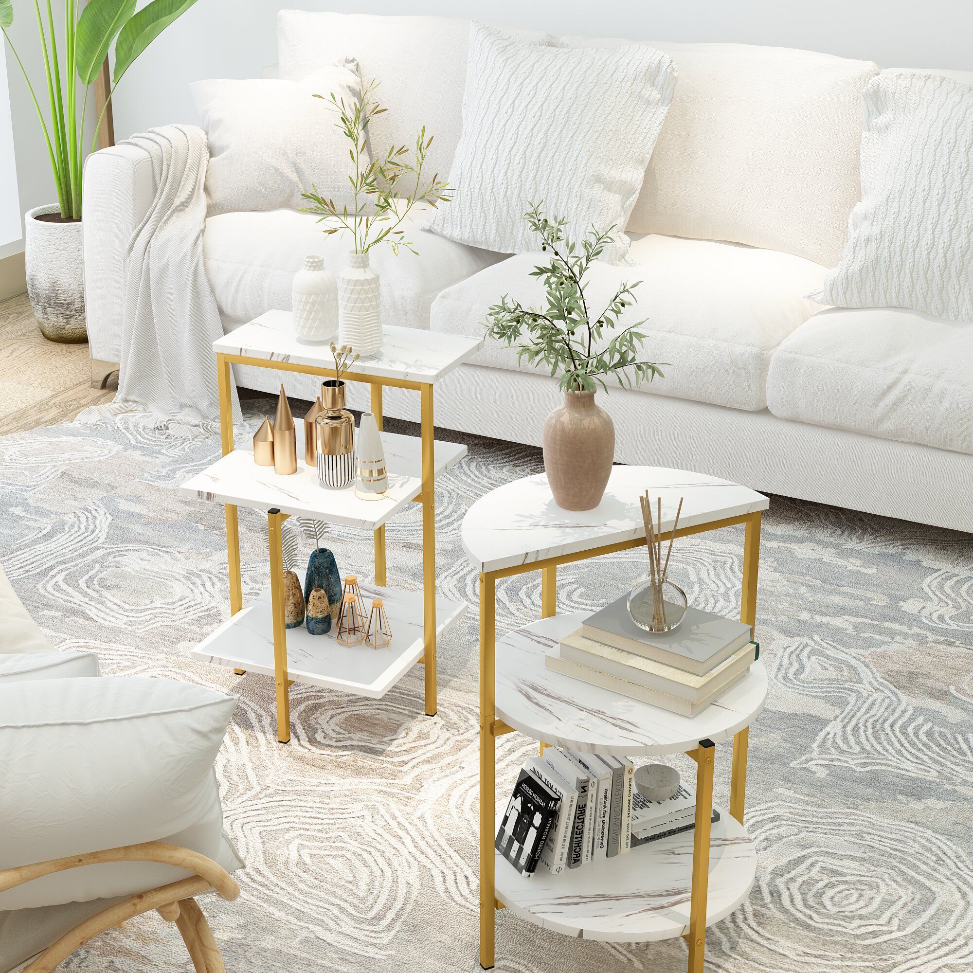 Everly Quinn 3 Pieces Faux Marble Coffee Table Set, Include 1 Coffee Table  And 2 End Tables, Modern End Table With Storage Shelf, Metal Cocktail Table,  Sofa Side Coffee Table For Home, In White Faux Marble Coffee Tables (View 15 of 20)