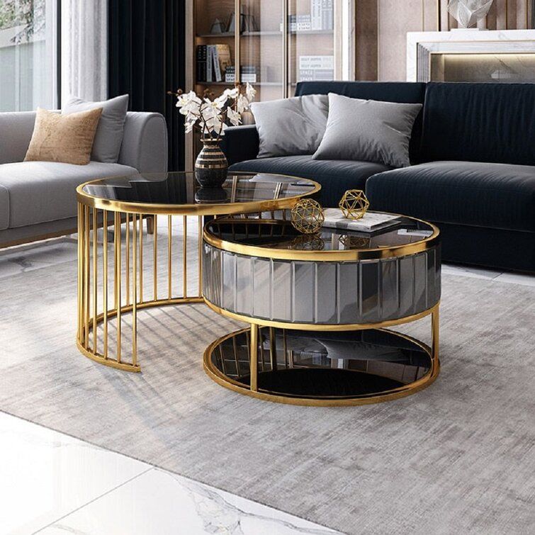 Everly Quinn Modern Round Gold & Gray Nesting Coffee Table With Shelf Tempered  Glass Top 2 Piece Set | Wayfair Intended For Tempered Glass Top Coffee Tables (View 20 of 20)